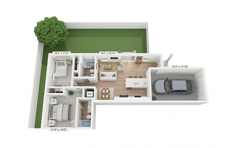 A floor plan of a house with a green tree and a car parked in the garage.